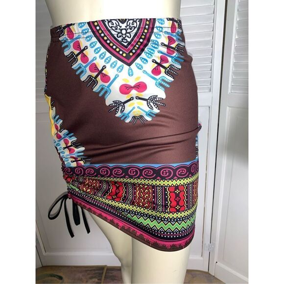 Y2K Colorful Tribal Print Spandex Cinched Mini Skirt Small - Picture 7 of 9